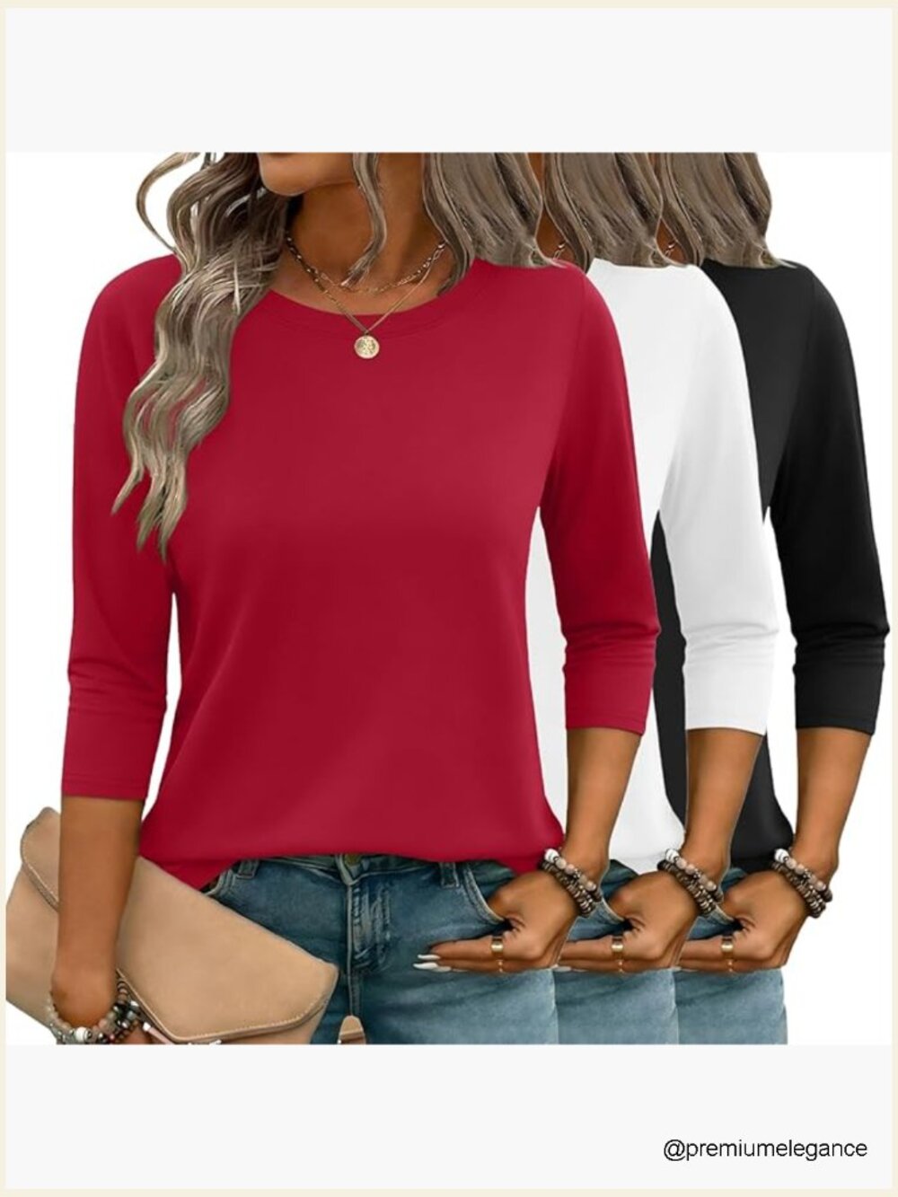3 Pack 3/4 Sleeve Crewneck Tees Casual Basic Tops for Women